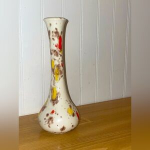 Mid-Century vintage Art Pottery Vase 6.5” Orange Yellow Drip Splatter Glaze